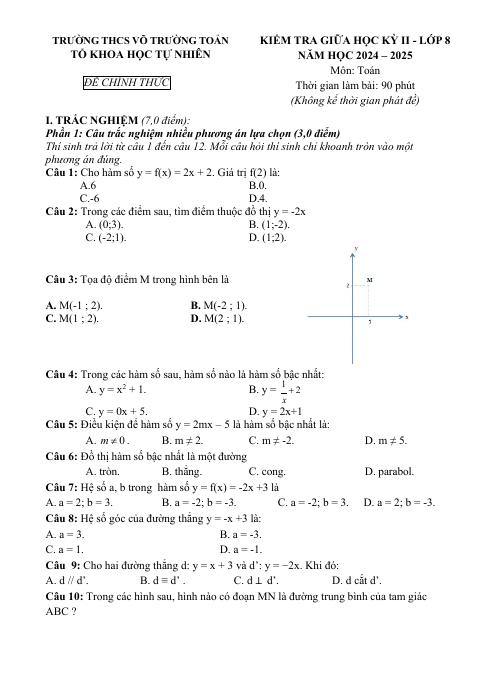 Đề thi Giữa kì 2 Toán 8 năm 2024–2025 trường THCS Võ Trường Toản (Bà Rịa - Vũng Tàu)